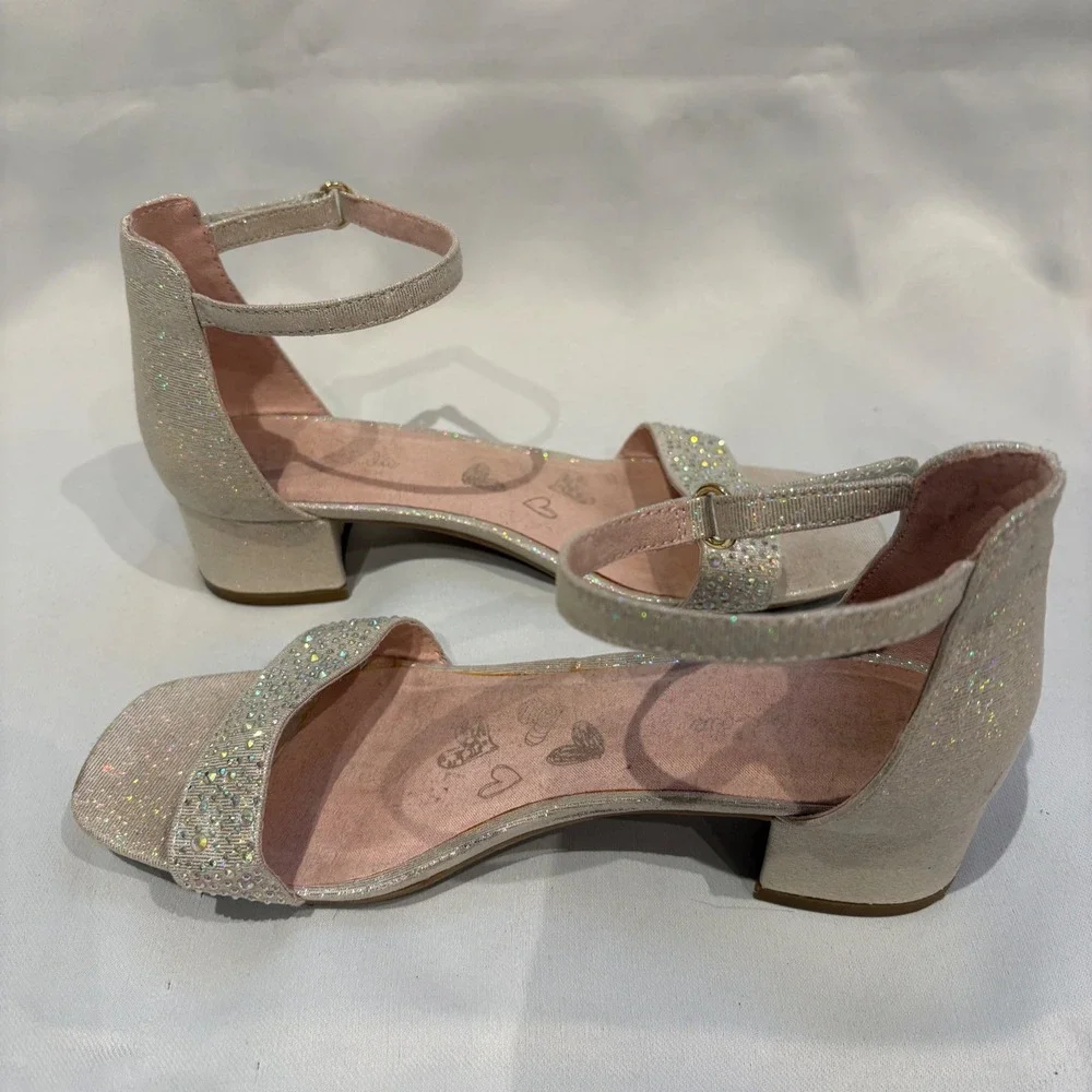 Wonder Nation Block Heel Sandal Girls Size 3 Champagne Glitter Rhinestone Dressy